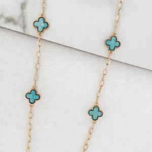 Long Gold Necklace with 5 Blue Fleurs