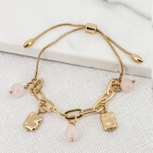 Adjustable Gold Charm Bracelet with Pink Beads