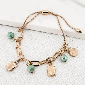 Adjustable Gold Charm Bracelet with Green Beads