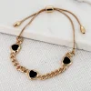 Gold Curb Chain Bracelet with 3 Black Hearts