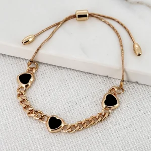 Black & Gold Curb Chain Bracelet with 3 Hearts