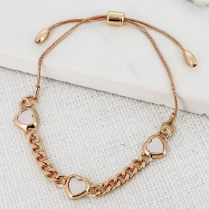 White & Gold Curb Chain Bracelet with 3 Hearts