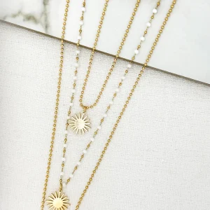 Gold & White Bead Layered Necklace with Starburst Pendants