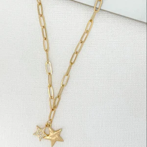 Short Gold Link Chain Necklace with Double Star Pendant