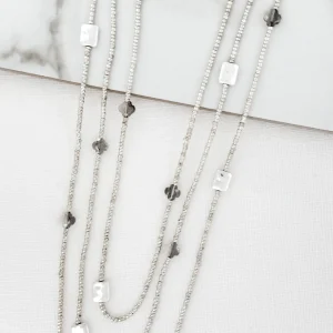 Silver Seed Bead Layered Necklace with Grey Fleur Pendants