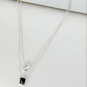 Short Silver Double Layered Necklace with Grey & Clear Oval Pendants