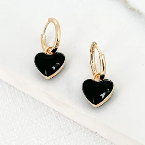 Black Resin Heart Gold Hoop Earrings