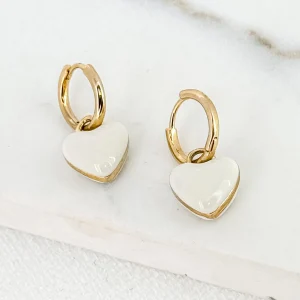 White Resin Heart Gold Hoop Earrings