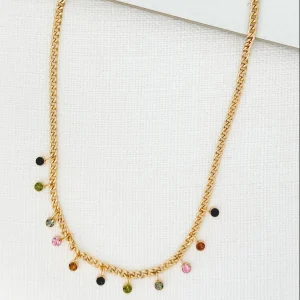 Short Gold Necklace with Multi Colour Crystal Droppers