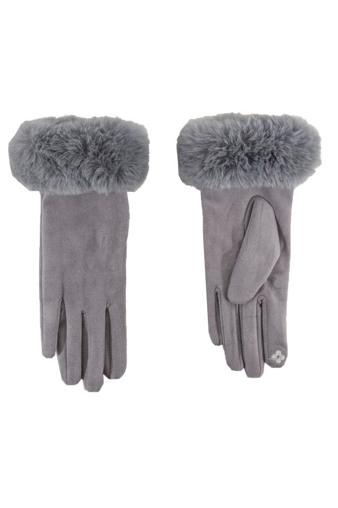 grey fur trimmed gloves