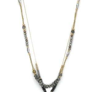 Long Gold Double Layer Necklace with Grey Faceted Beads & Semi Precious Stones