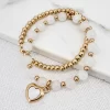 Double Layer Gold & White Bead Bracelet with Heart Charm