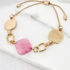 Adjustable Gold Bracelet with Pink Semi Precious Fleur