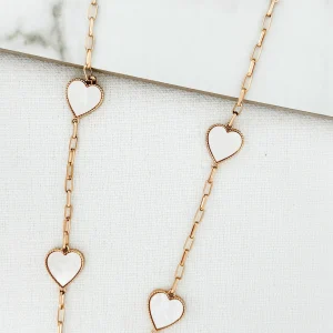 Long Gold Necklace with White Hearts