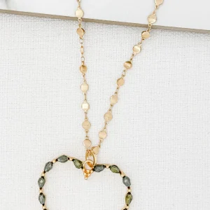 Long Gold Necklace with Green Crystal Open Heart Pendant