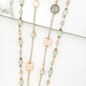 Long Gold Double Layer Beaded Necklace with Semi Precious Stone Detail