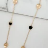 Long Gold & Faceted Black Glass Hearts Necklace