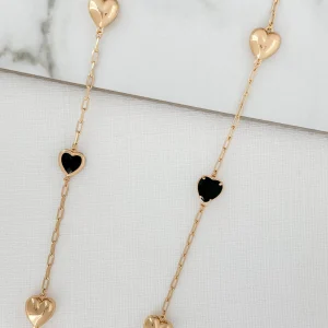 Long Gold & Faceted Black Glass Hearts Necklace