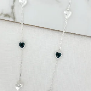 Long Silver & Faceted Grey Glass Hearts Necklace