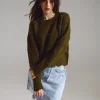 Sweater with Knitted Flowers and Embellished in Khaki