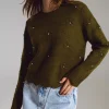 Sweater with Knitted Flowers and Embellished in Khaki