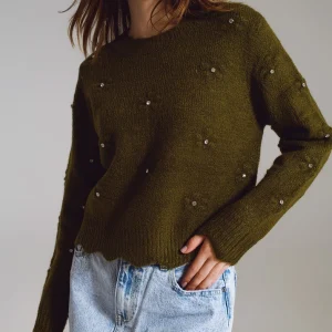 Khaki sweater with scalloped edge and embellishment