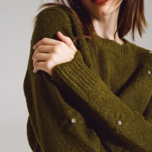 Sweater with Knitted Flowers and Embellished in Khaki