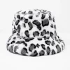 White Bucket Hat in Animal Print Faux Fur