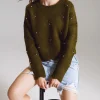 Sweater with Knitted Flowers and Embellished in Khaki