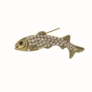 Fish Antique Gold & Clear Crystal Brooch