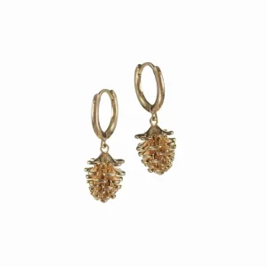 Worn Gold Acorn Drop on Mini Hoop Earrings