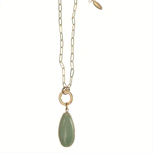 Worn Gold & Green Framed Stone Teardrop Pendant