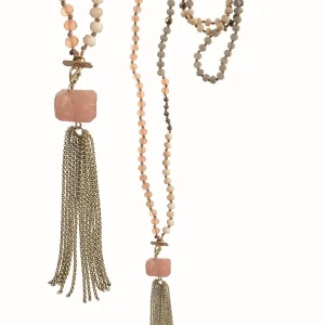 Stone & Facetted Beads Chain Tassel Necklace