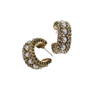 Glam Antique Gold Hoop Earrings with Pearls & Crystals