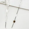 Long Battered Silver Necklace with Semi Precious Stones