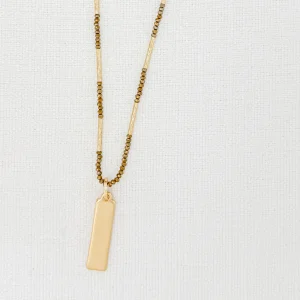 Long Gold & Taupe Crystal Bead Necklace with Gold Bar Pendant