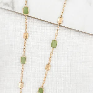 Long Gold & Green Glass Faceted Beads Necklace