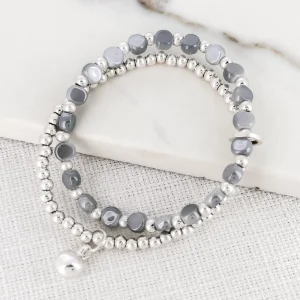 Layered Silver & Blue Bead Bracelet with Ball Charm