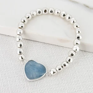 Silver Beaded Bracelet with Blue Semi Precious Heart