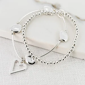 Layered Silver Stretch Bracelet with Open Heart Charm